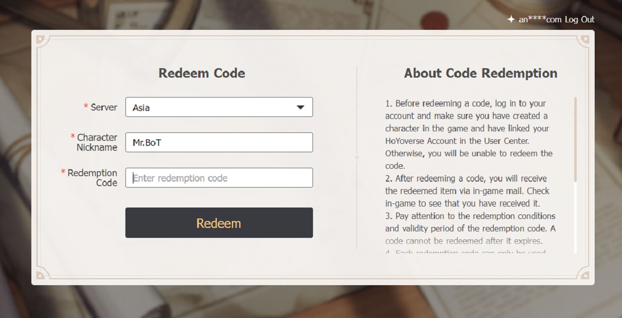 Redeem Genshin Impact Codes from Website